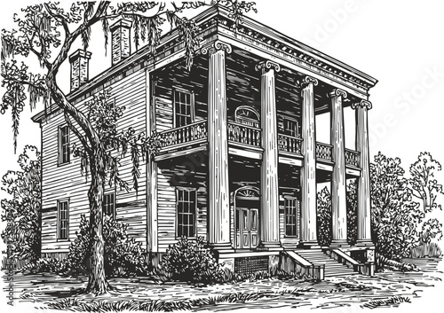 Historic southern mansion with tall columns and wooden exterior surrounded by trees and shrubs