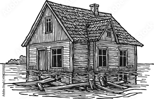 House flooded by rising water with broken fence floating, wooden cabin surrounded by floodwater disaster