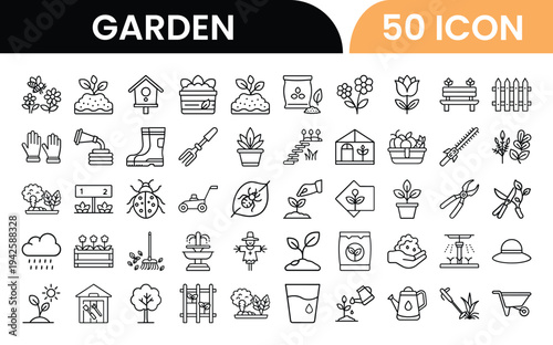 Comprehensive collection of fifty gardening icons for various uses
