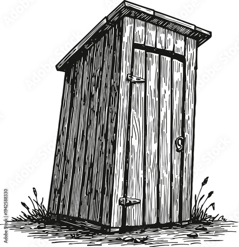 Rustic wooden outhouse with door and latch, outdoor toilet structure surrounded by grass