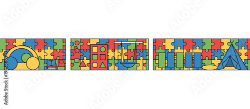 Sensory friendly classroom environment vector illustration. Inclusive education tools for autism and neurodiversity. Puzzle background with headphones swing and teepee tent