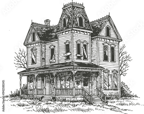 Victorian haunted house with broken windows and overgrown yard spooky abandoned mansion illustration