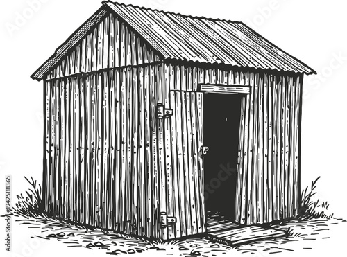 Rustic wooden shed with corrugated roof, open door, and textured planks, outdoors illustration