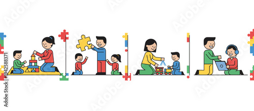 Vector illustration of therapists working with autistic children. Developmental therapy and special education scenes. ABA therapy and learning through play concept