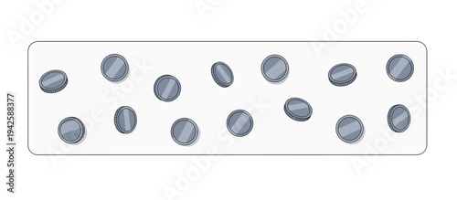 Vector illustration of thirty pieces of silver scattered. Biblical concept of betrayal and greed. Silver coins on white background banner