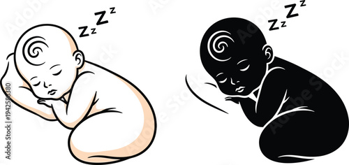 An illustration depicts two peacefully sleeping babies one light skinned and one dark skinned both curled up and dreaming high quality