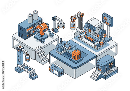Automated Manufacturing Facility with Robotic Arms and Production Equipment
