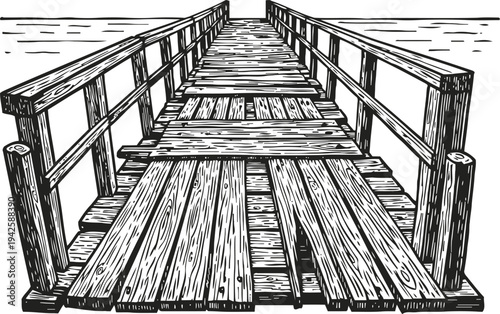 Old wooden pier extending over water with rustic handrails and weathered planks in monochrome sketch