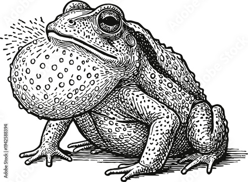 Detailed black and white illustration of a toad with inflated vocal sac, amphibian close up drawing