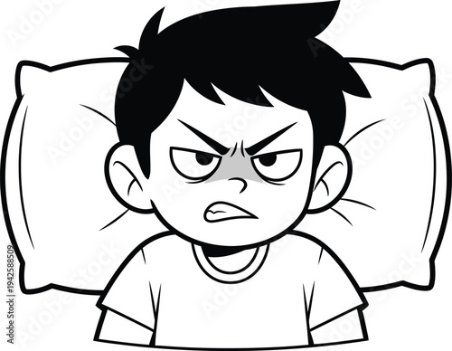 a black and white cartoon illustration depicts an angry young boy lying in bed with a pillow expressing frustration high quality