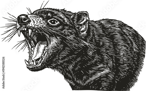 Roaring wolverine detailed black and white ink drawing, wild mammal aggressive expression and sharp teeth