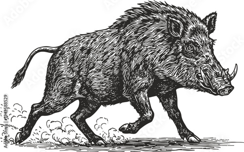 Wild boar running fast through the forest floor with detailed fur and tusks