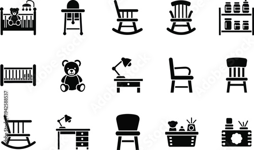 A collection of simple black silhouette icons depicting various furniture items commonly found in a child s bedroom or nursery setting