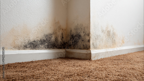 Mold growth is visible on the corner walls above the baseboard in a room with brown carpet flooring.