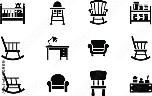 a collection of simplistic black furniture icons are displayed including beds chairs tables and storage units high quality professional detailed modern