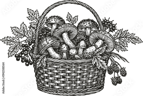 Basket with mushrooms and forest berries wicker basket filled with toadstools and wild leaves