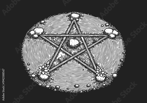 Intricate pentagram stone circle with flowers and detailed textured surface illustration