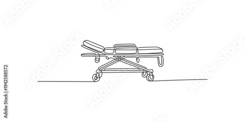 Continuous line drawing of a hospital stretcher on wheels in a simple style bed medical