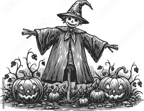 Vintage halloween scarecrow with grinning pumpkins in spooky garden scene