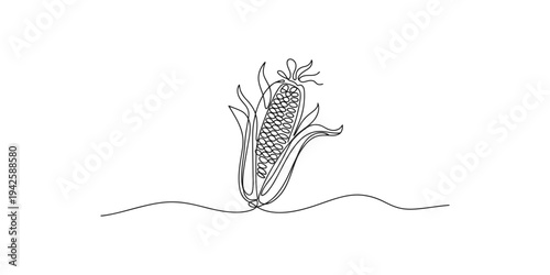 One line drawing of an ear of corn with husk and leaves maize the cob