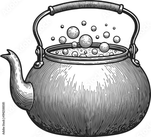 Vintage kettle boiling water with bubbles and steam rising, classic kitchenware illustration
