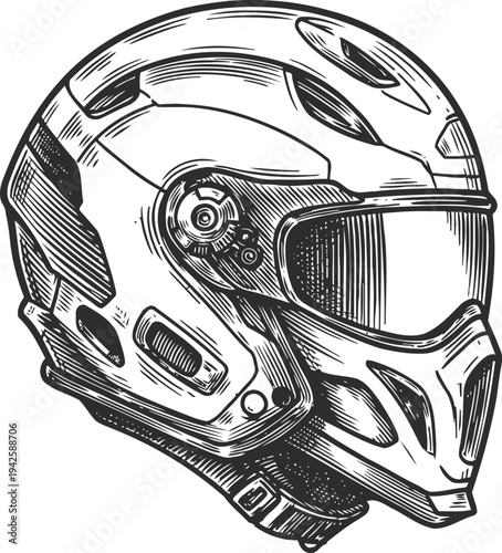 futuristic motorcycle helmet illustration with visor and ventilation details, protective gear design