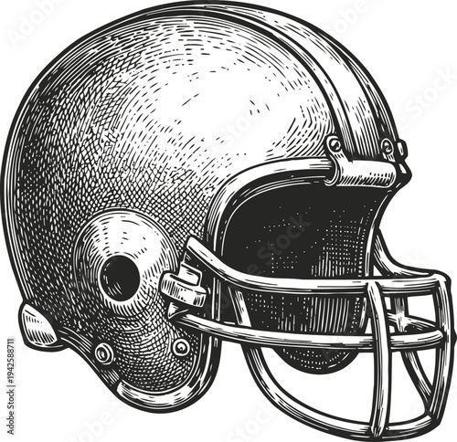 Vintage american football helmet illustration with detailed shading and front face guard
