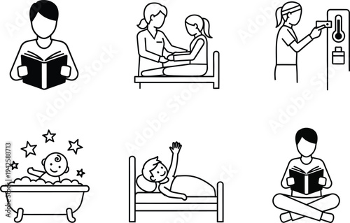 A collection of simple black and white line icons depicting various childcare scenarios including reading sick care and bedtime routines