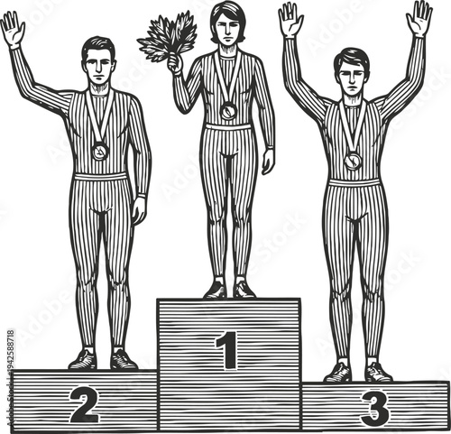 Victorious athletes standing on winner podium with medals and laurel wreath, sports competition celebration