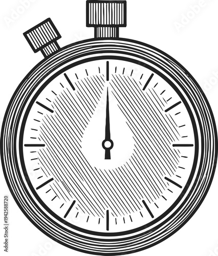 Vintage stopwatch illustration with detailed dial and timing markings in monochrome