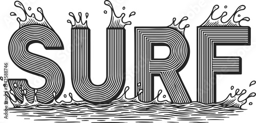 surf word with water splash effect nautical theme lettering with waves and liquid motion design