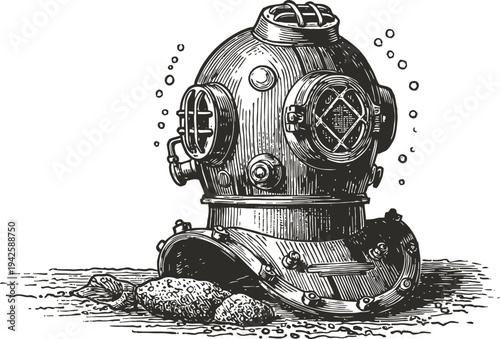 Vintage deep sea diving helmet in underwater scene with bubbles and rocky seabed