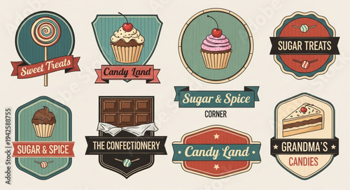 Vintage Candy and Dessert Labels Collection with Retro Designs.