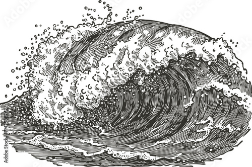 Hand drawn ocean wave curling with foam and splashes in detailed vintage illustration