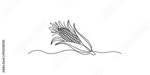 Continuous line drawing of an ear of corn with leaves maize minimalist art black and