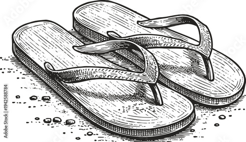 Pair of casual flip flops sandals with thong straps on sand, summer footwear illustration