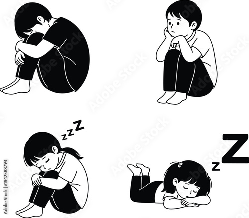 A somber illustration depicts children experiencing sadness loneliness and rest showing varied postures of emotional distress and solitude high quality professional