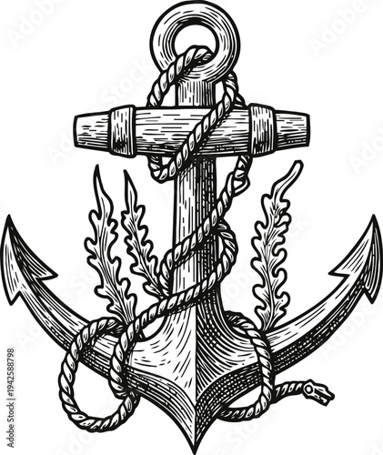Vintage nautical anchor with rope wrapped around and seaweed decoration, hand drawn illustration