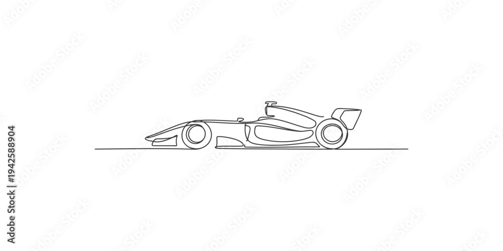 Naklejka premium A sleek racing car speeding along a track in a single line drawing style speed