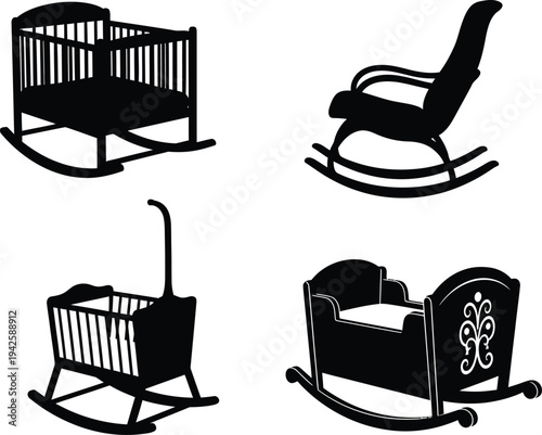 a collection of black silhouette furniture items including a rocking cradle rocking chair baby carriage and ornate bed high quality professional