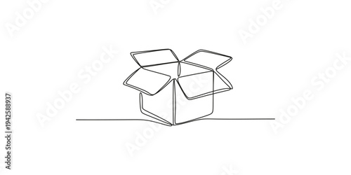 Simple line drawing of an open cardboard box on a flat surface package parcel gift