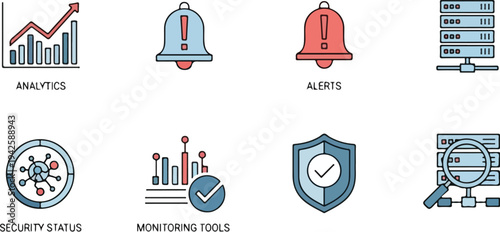 Flat lay of cybersecurity team monitoring dashboard with various icons and graphics on a white background, conveying a sense of security and technology.