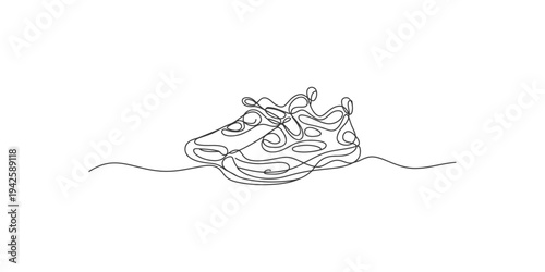 Continuous line drawing of a sneaker with swirling laces on white background shoe one art