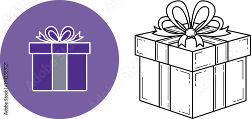 Gift Box Icon Set with Flat Purple Circle Badge and Detailed 3D Line Art Present for Ecommerce Rewards Birthdays and Holiday Marketing Designs
