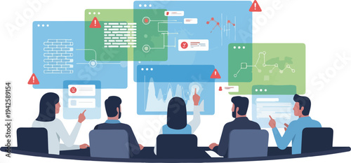 A cybersecurity team monitors a dashboard with multiple screens displaying various data visualizations and alerts in a modern office setting.