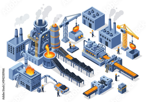 Industrial factory production line with furnaces, machinery, and cranes for manufacturing processes