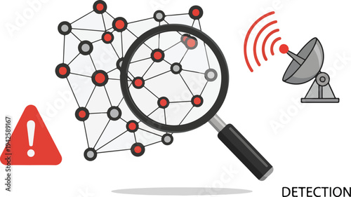 A cybersecurity team monitoring a network dashboard with a magnifying glass and satellite dish for threat detection.