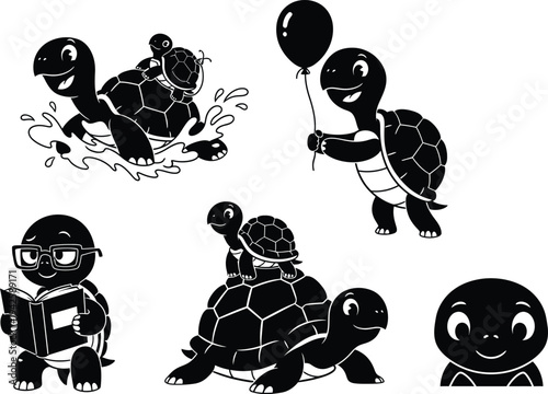 a charming collection of cartoon turtles engaged in various playful activities including swimming reading and balloon holding displayed in black and white