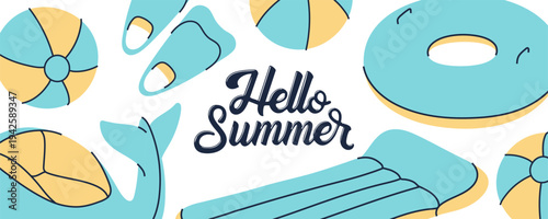 Hello Summer banner with cute pool floats and swimming accessories. Pool party design.