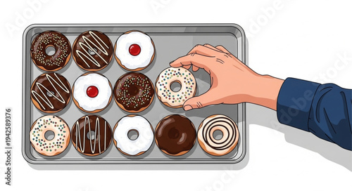 Assorted Donuts in Tray Being Chosen.
